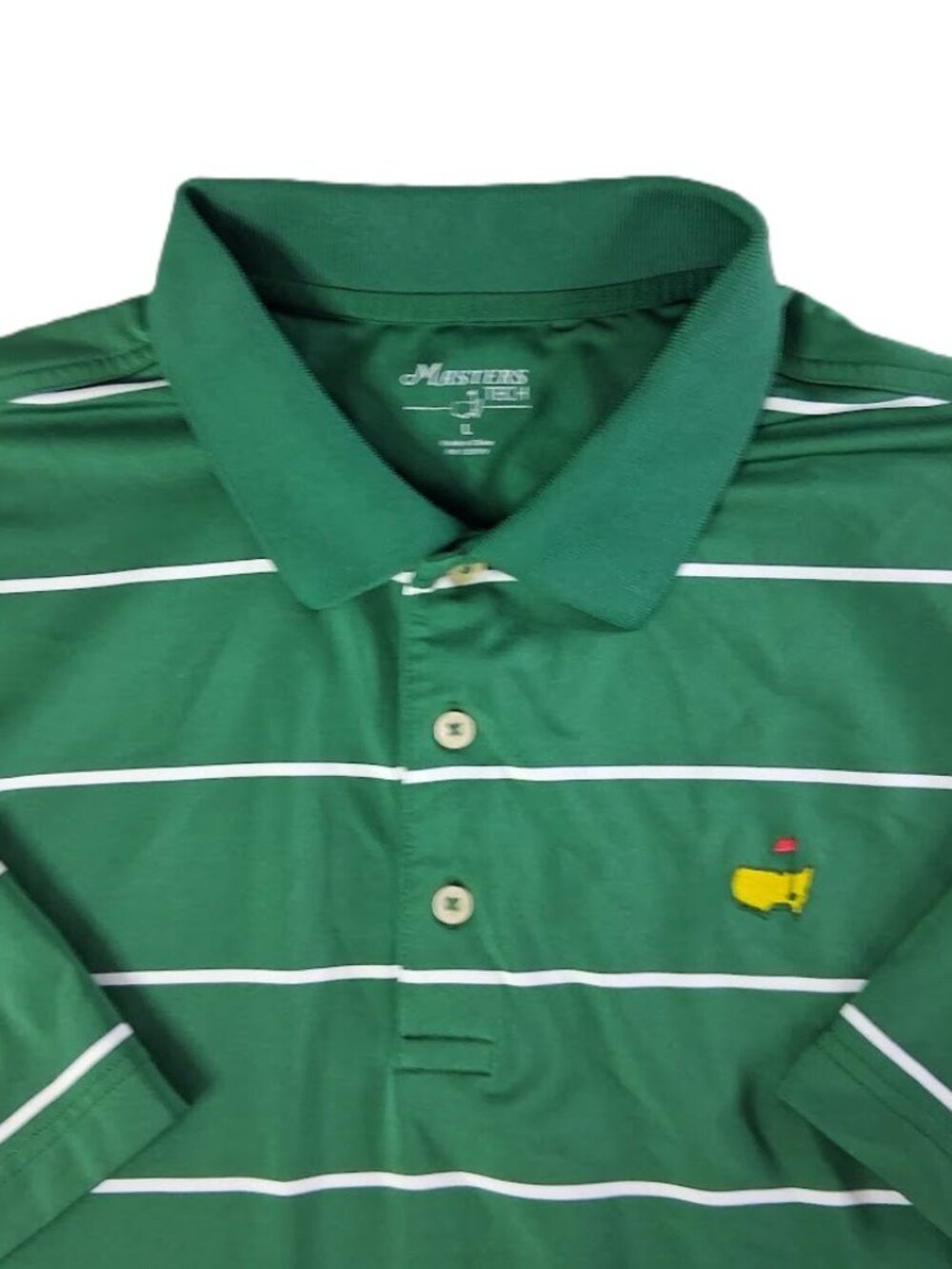 Masters Tech Green Striped Golf Polo Shirt Men’s L Augusta National Logo